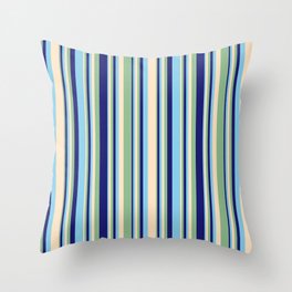 [ Thumbnail: Bisque, Dark Sea Green, Midnight Blue, and Sky Blue Colored Stripes Pattern Throw Pillow ]