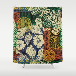 Hawaiian tribal elements and hibiscus fabric patchwork abstract vintage vintage seamless pattern  Shower Curtain | Tropical, Beach, Tribal, Fabric, Hawaii, Flower, Seamless, Patchwork, Pattern, Shirt 