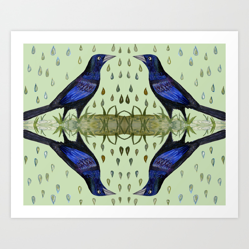 Common Grackle Bird In The Rain Watercolor Painting Art Print By