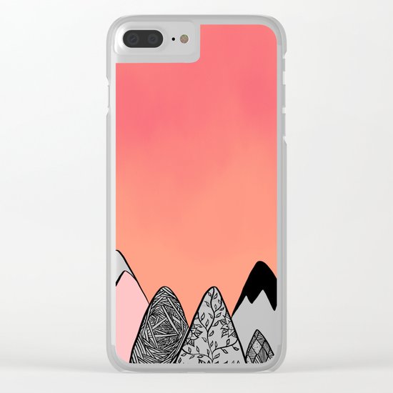 Modern abstract pink coral watercolor sky black white geometric floral mountains illustration Clear iPhone Case