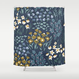 Summer Meadow Flowers On Navy Shower Curtain