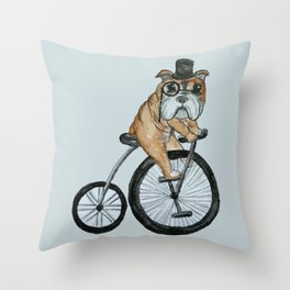 English Bulldog Riding a Penny-farthing Throw Pillow