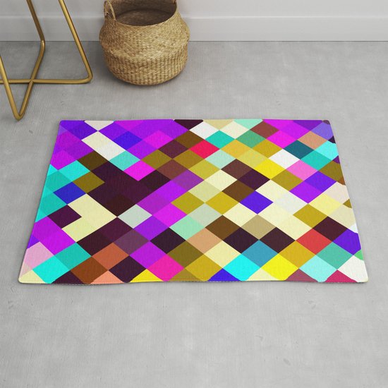 Geometric Square Pixel Pattern Abstract In Purple Pink Yellow Blue Brown Rug By Timla Society6