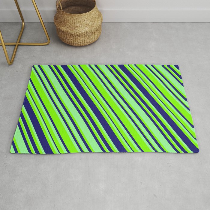 Midnight Blue, Green & Chartreuse Colored Lined/Striped Pattern Rug
