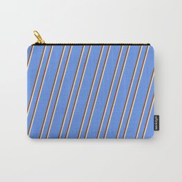[ Thumbnail: Cornflower Blue, Brown, and Bisque Colored Lines Pattern Carry-All Pouch ]