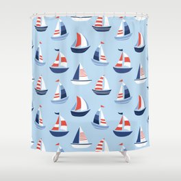 Sailboats in the distance - Blue and Orange Shower Curtain