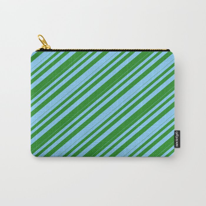 Light Sky Blue and Forest Green Colored Lines/Stripes Pattern Carry-All Pouch
