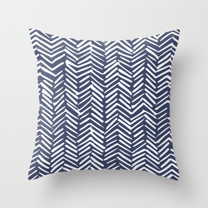 Boho Herringbone Pattern Navy Blue and White Throw Pillow by