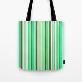 [ Thumbnail: Vibrant Green, Light Grey, Light Green, Dark Olive Green, and Beige Colored Stripes/Lines Pattern Tote Bag ]