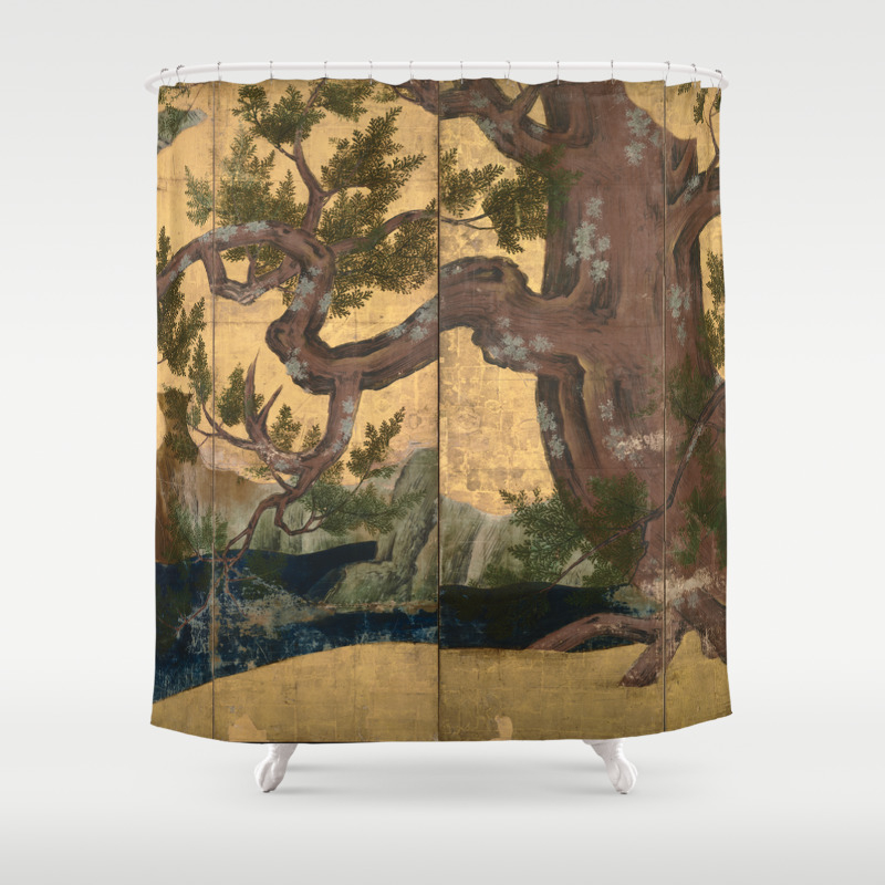 Cypress Tree Japanese Eight Panel Gold Leaf Screen Azuchi