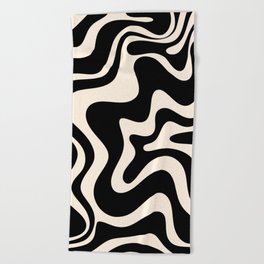 Retro Liquid Swirl Abstract in Black and Almond Cream  Beach Towel