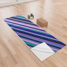 [ Thumbnail: Vibrant Slate Blue, Plum, Dark Cyan, Dark Blue & Black Colored Lines/Stripes Pattern Yoga Towel ]