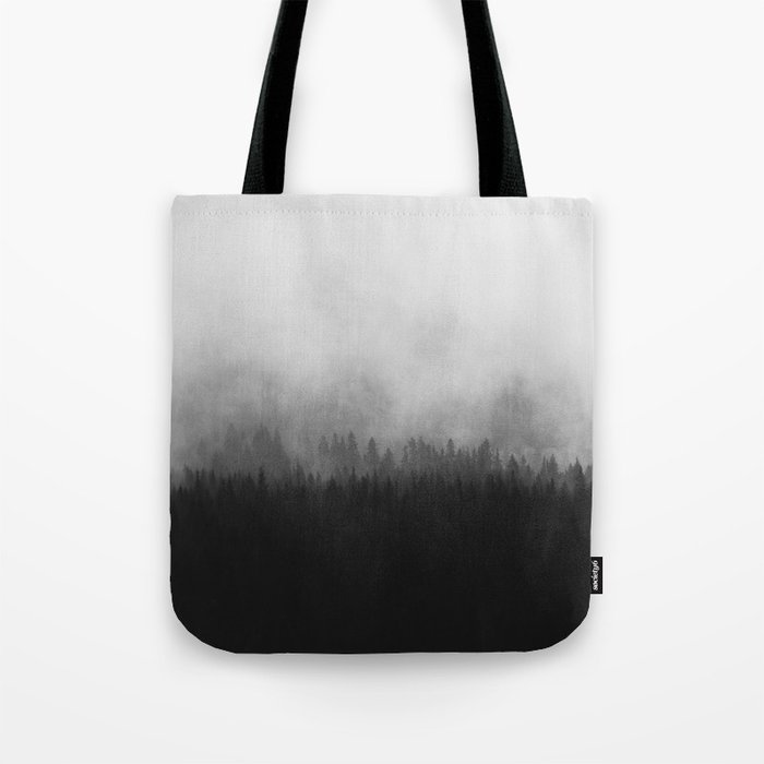 Minimalist Modern Black And white photography Landscape Misty Black Pine Forest Watercolor Effect Sp Tote Bag
