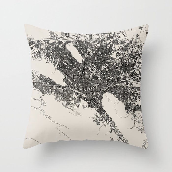 Mexico, Monterrey Map - Black and White  Throw Pillow