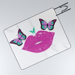 Pink Lips and Butterflies Picnic Blanket