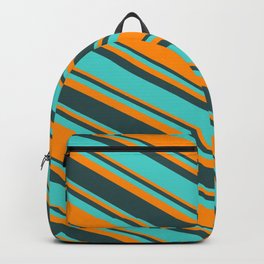 [ Thumbnail: Turquoise, Dark Orange & Dark Slate Gray Colored Pattern of Stripes Backpack ]