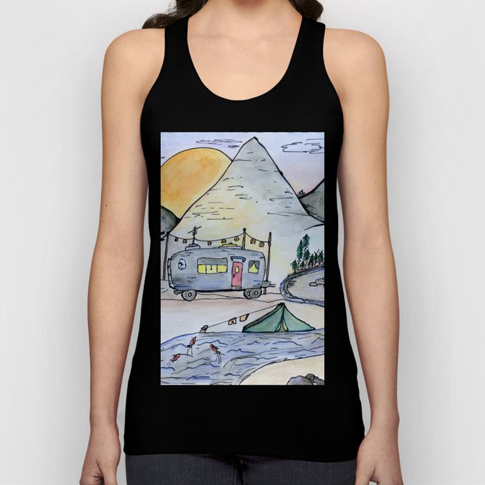 Vintage camping van in the mountains under a full moon- Illustration Tank Top