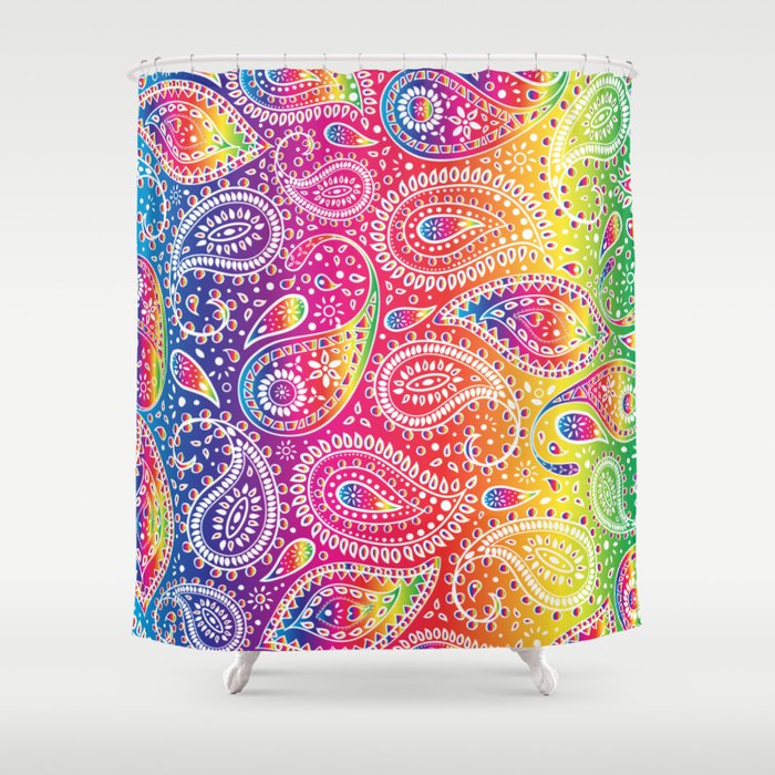 Beautiful Pattern of Paisley Art, Flowers, Doodles - Spectrum and White Shower Curtain