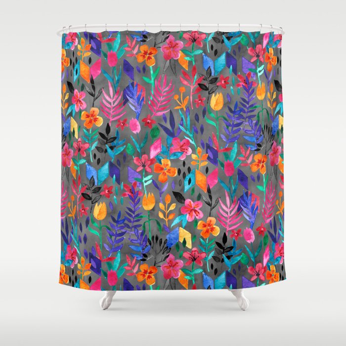 Popping Color Painted Floral on Grey Shower Curtain