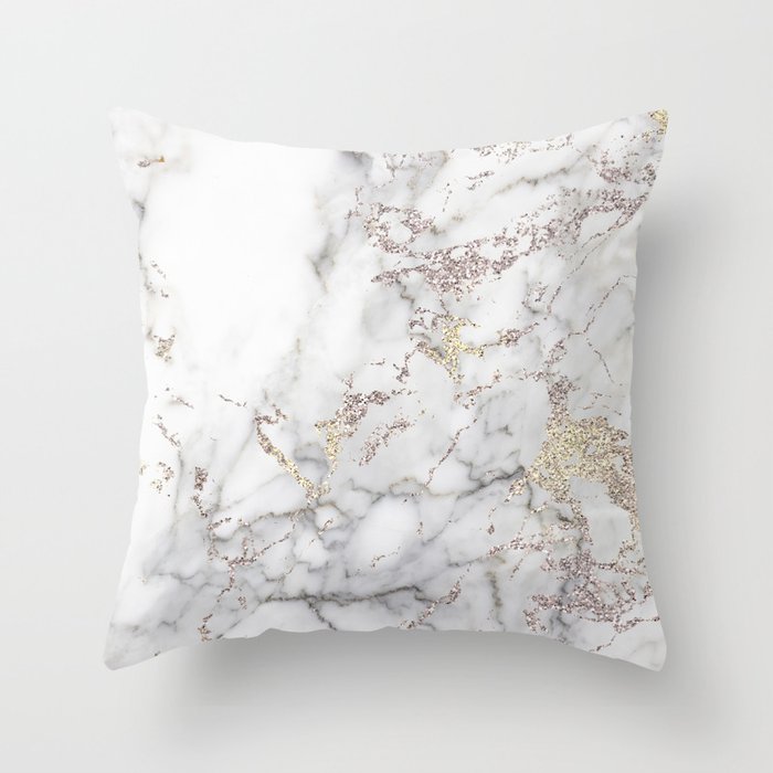Champagne Rose Gold Blush Metallic Glitter Foil On Gray Marble Throw Pillow