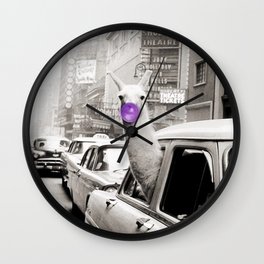 Hubba Bubba Purple Bubble Gum Llama taking a New York Taxi cab black and white photograph Wall Clock