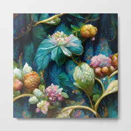 Flowers on Brocade Metal Print | White, Victorian, Lush, Green, Botanical, Traditional, Floral, Fanciful, Red, Painting 