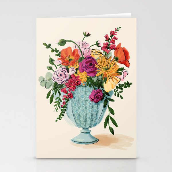 Poppy, ranunculus and snapdragon floral bouquet in blue vintage vase Stationery Cards