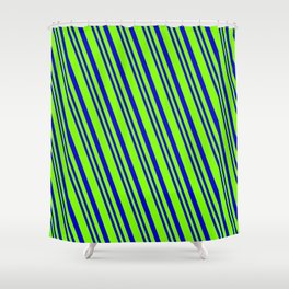 [ Thumbnail: Chartreuse & Blue Colored Lined Pattern Shower Curtain ]