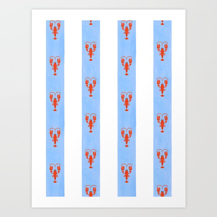 Red Lobsters On Hand-Painted Bright Blue Stripes Art Print