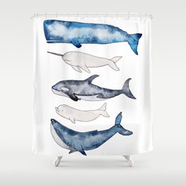 Watercolor orca whale, spermwhale, humpback, narwhal, beluga whales Shower Curtain