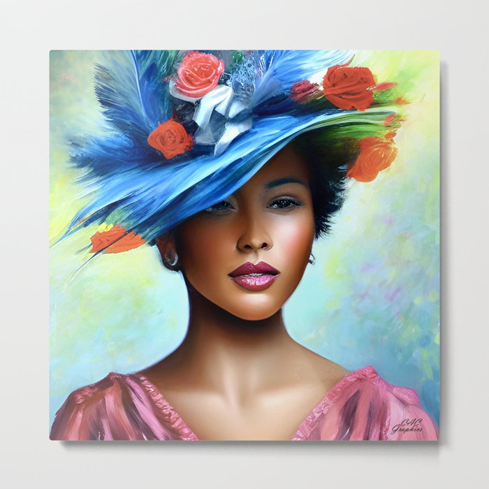 Blue Feather and Roses Derby Hat Metal Print