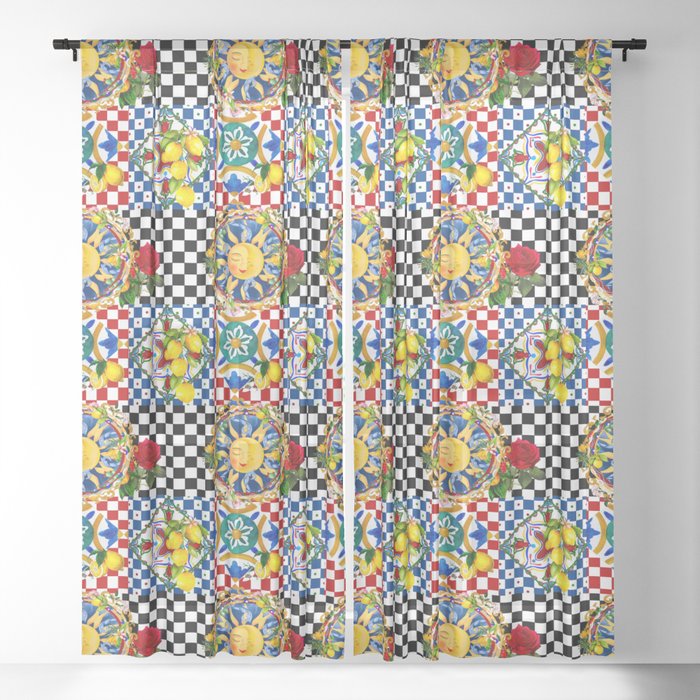 Sicilian sun,tiles,summer,majolica,lemon art Sheer Curtain