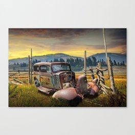 Abandoned Auto with Wood Fence in Western Landscape Canvas Print