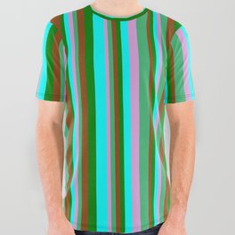 [ Thumbnail: Eye-catching Brown, Green, Cyan, Plum, and Sea Green Colored Stripes Pattern All Over Graphic Tee ]