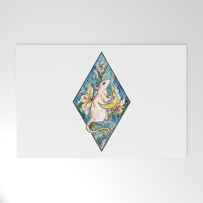 Rat with moon and lily ~ watercolor illustration Welcome Mat