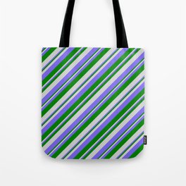 [ Thumbnail: Light Gray, Medium Slate Blue & Green Colored Lines/Stripes Pattern Tote Bag ]