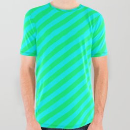 [ Thumbnail: Green & Cyan Colored Stripes Pattern All Over Graphic Tee ]