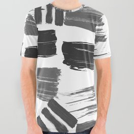 Abstract black white gray acrylic paint brush strokes All Over Graphic Tee