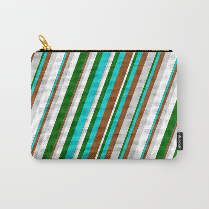 Eyecatching Dark Turquoise, Brown, Light Gray, White & Dark Green Colored Lined Pattern Carry-All Pouch