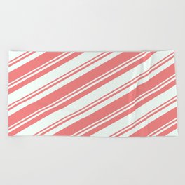 [ Thumbnail: Mint Cream & Light Coral Colored Striped/Lined Pattern Beach Towel ]