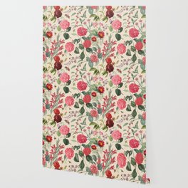 Blooming Rose Garden vintage botanical illustration collage - Buttercream  Wallpaper