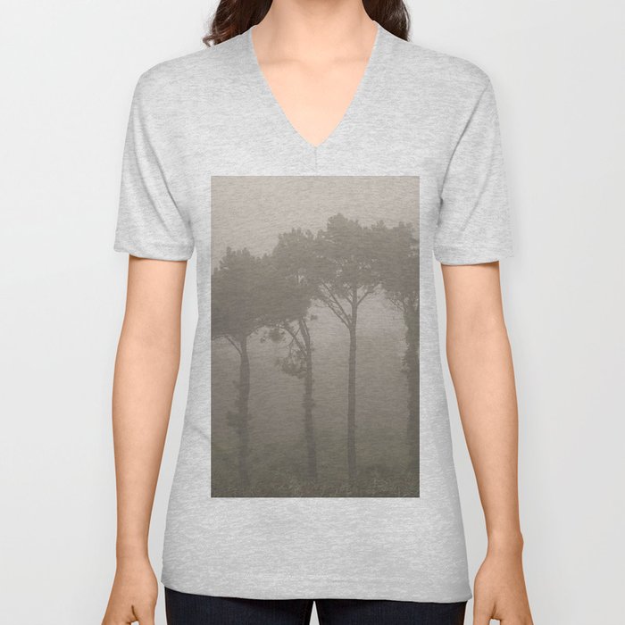 Four Pine Trees in the Fog V Neck T Shirt