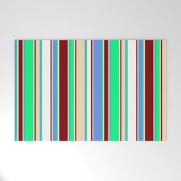 [ Thumbnail: Vibrant Green, Cornflower Blue, Tan, Maroon, and White Colored Lines Pattern Welcome Mat ]