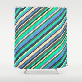 [ Thumbnail: Vibrant Tan, Dim Gray, Green, Cornflower Blue, and Dark Slate Gray Colored Lines/Stripes Pattern Shower Curtain ]