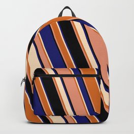 [ Thumbnail: Eyecatching Bisque, Chocolate, Dark Salmon, Black & Midnight Blue Colored Stripes/Lines Pattern Backpack ]