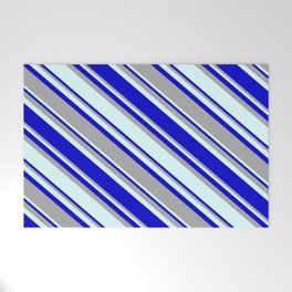 [ Thumbnail: Blue, Dark Grey & Light Cyan Colored Pattern of Stripes Welcome Mat ]