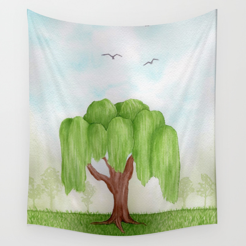 Weeping Willow Tree Watercolor Landscape Painting Wall Tapestry