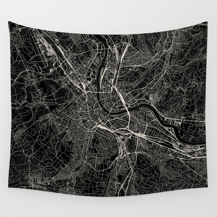 Basel - Switzerland. Black and White City Map Wall Tapestry