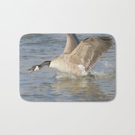 Canada Goose At The River Bath Mat | Blue, Nature, Wings, Digital, Waterbird, Action, Riverwater, Outdoors, Photo, Wildlife 