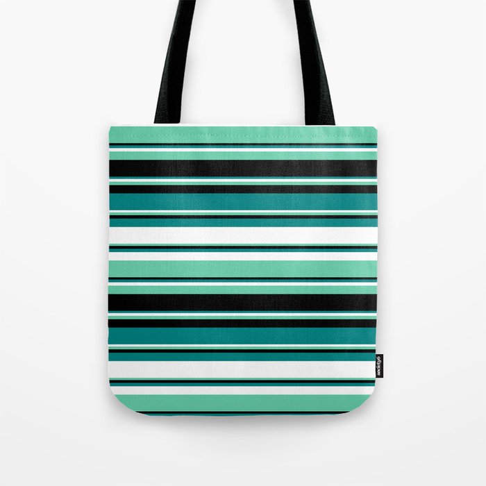 Teal, White, Aquamarine & Black Colored Lined Pattern Tote Bag